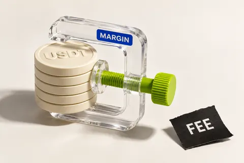 USDT tokens held intact in a clear margin clamp beside a detached fee tab, distinguishing reserved collateral from an expense