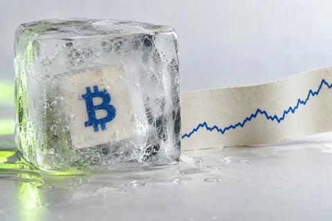 Bitcoin price card frozen inside clear ice beside a continuing market-price trace