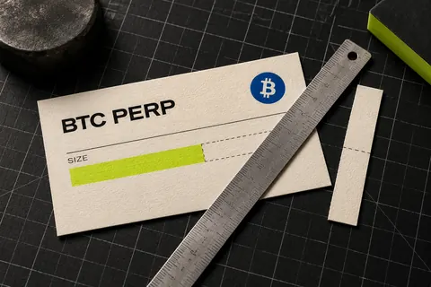 A BTC perpetual order ticket trimmed beside a measuring ruler to represent reducing quantity to fit a loss budget