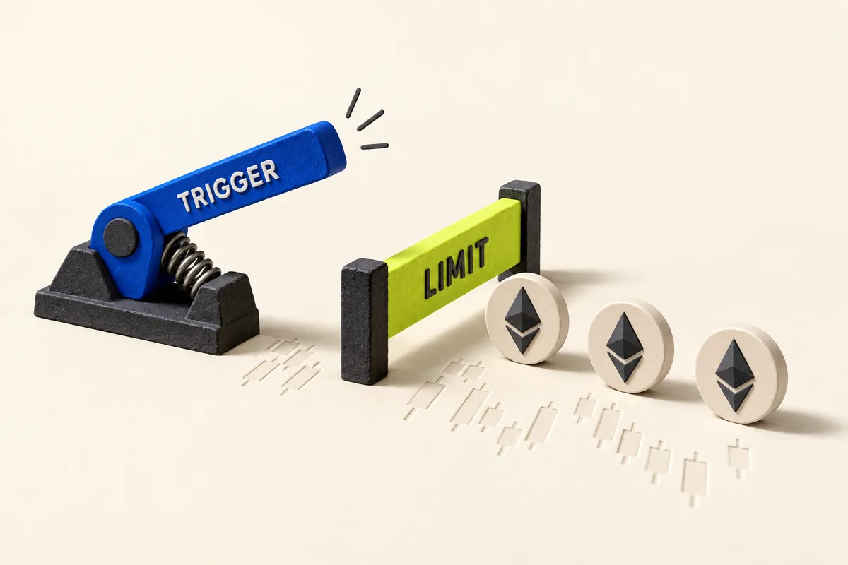 An activated trigger lever and a separate price barrier block Ethereum tokens, illustrating why a triggered stop-limit order can remain unfilled