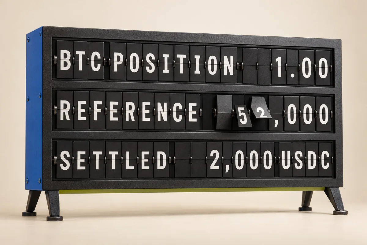 A teaching display shows a one BTC position, a 52,000 reference price and 2,000 USDC settled profit