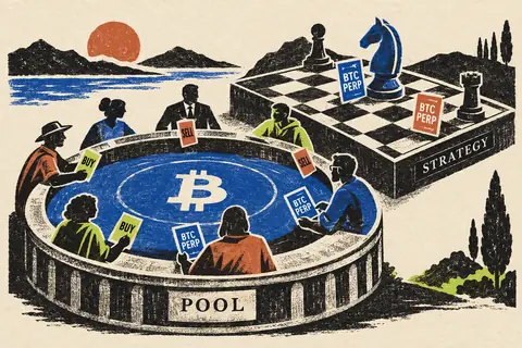 Bitcoin perpetual trading pool beside a separate chessboard representing a managed strategy