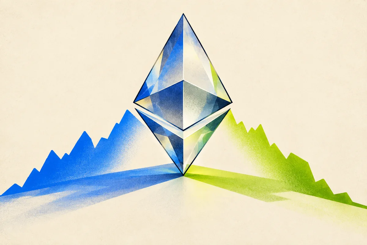 An Ether diamond casting two opposing market-direction shadows, representing an ETH holding and its hedge.