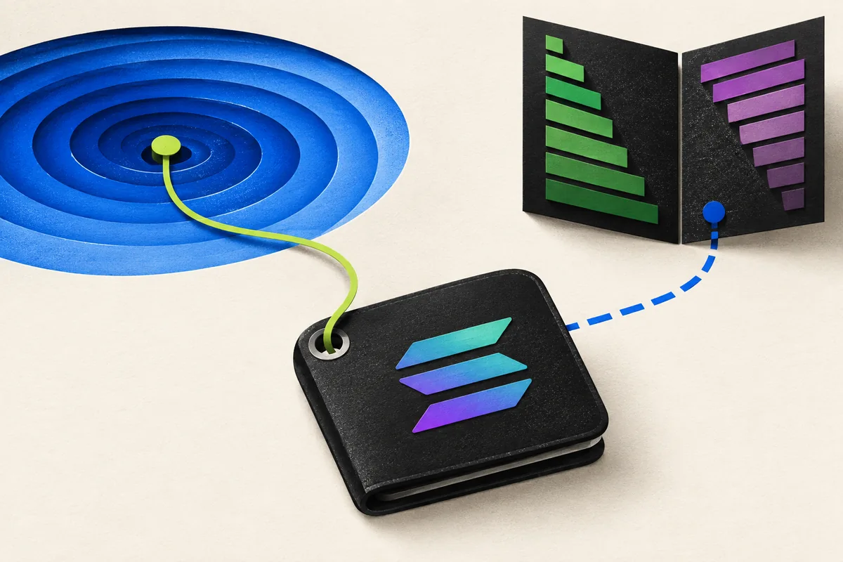 A Solana wallet key beside separate pool and order-book trading routes.