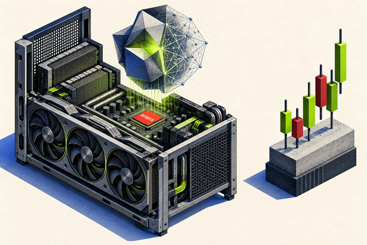 GPU rendering hardware produces a geometric object beside a separate sculpture of market candles.