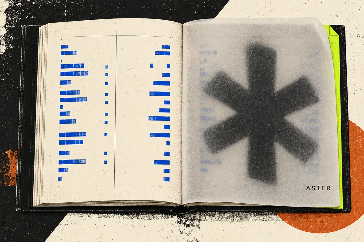 Open trading ledger with blue order marks and a frosted sheet concealing an ASTER asterisk on the other page.