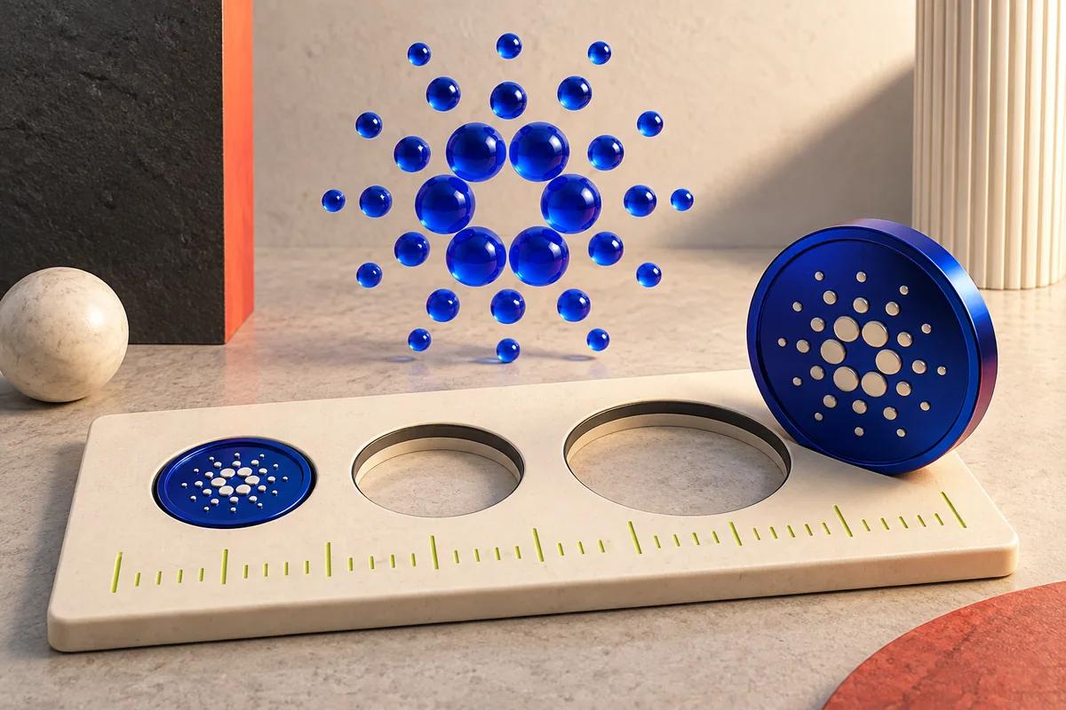 Blue Cardano tokens beside differently sized measuring stencils, illustrating how an ADA futures order must fit its contract minimum.