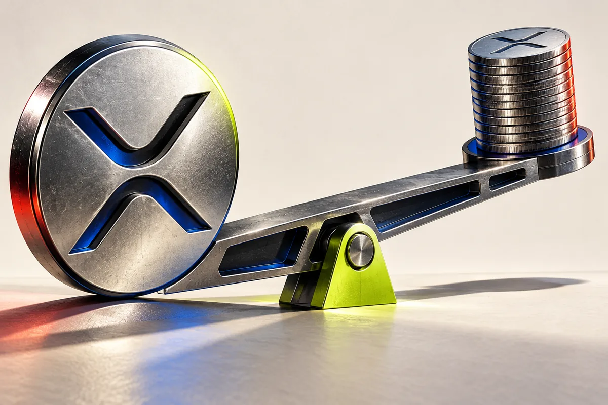 Silver XRP coins on a lever with a narrow lime fulcrum, illustrating the relationship between leverage and position size.