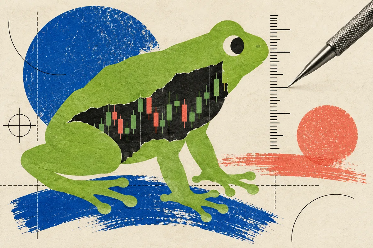 Mixed-media green frog and candlesticks beside an engraving needle and fine price marks, illustrating PEPE limit-order precision.
