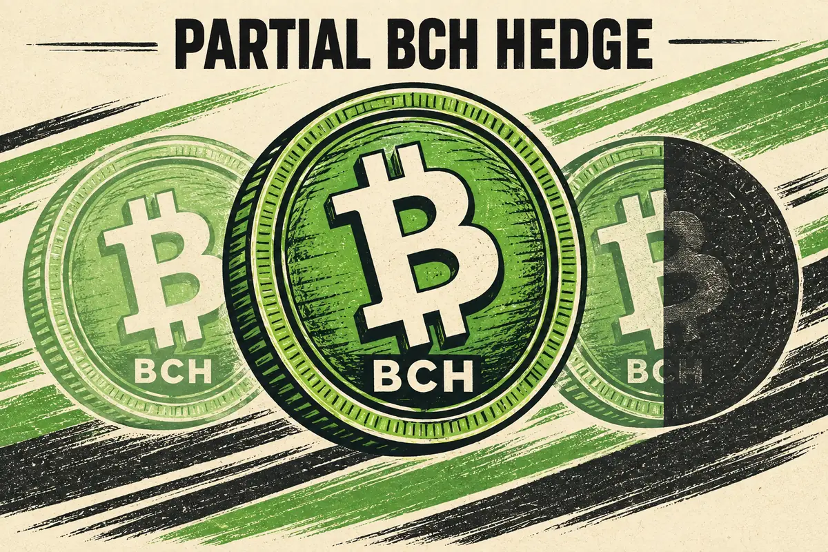 Green Bitcoin Cash coin with a half-covered silhouette representing a partial BCH futures hedge