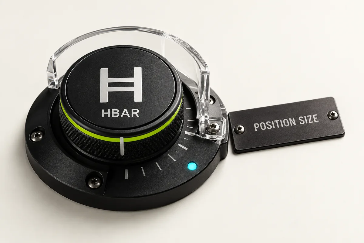 HBAR position-size dial with a transparent mechanical stop, illustrating a futures contract limit