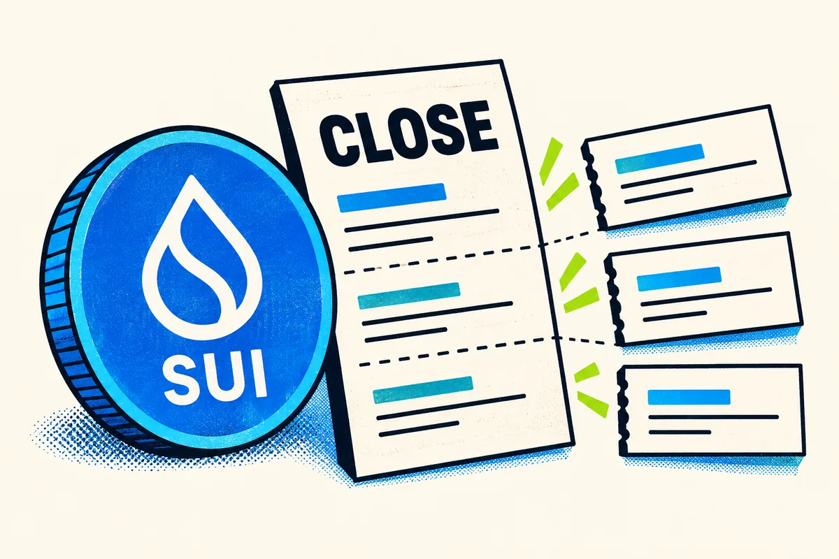 SUI futures close order divided into three smaller reductions beside a blue Sui token
