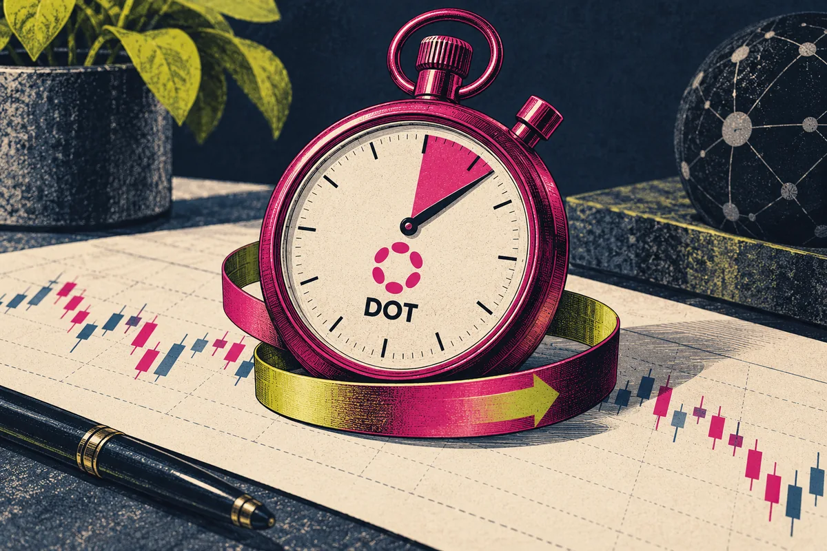 DOT futures stopwatch beside trading marks, illustrating the shorter protection window after Polkadot nominator unstaking