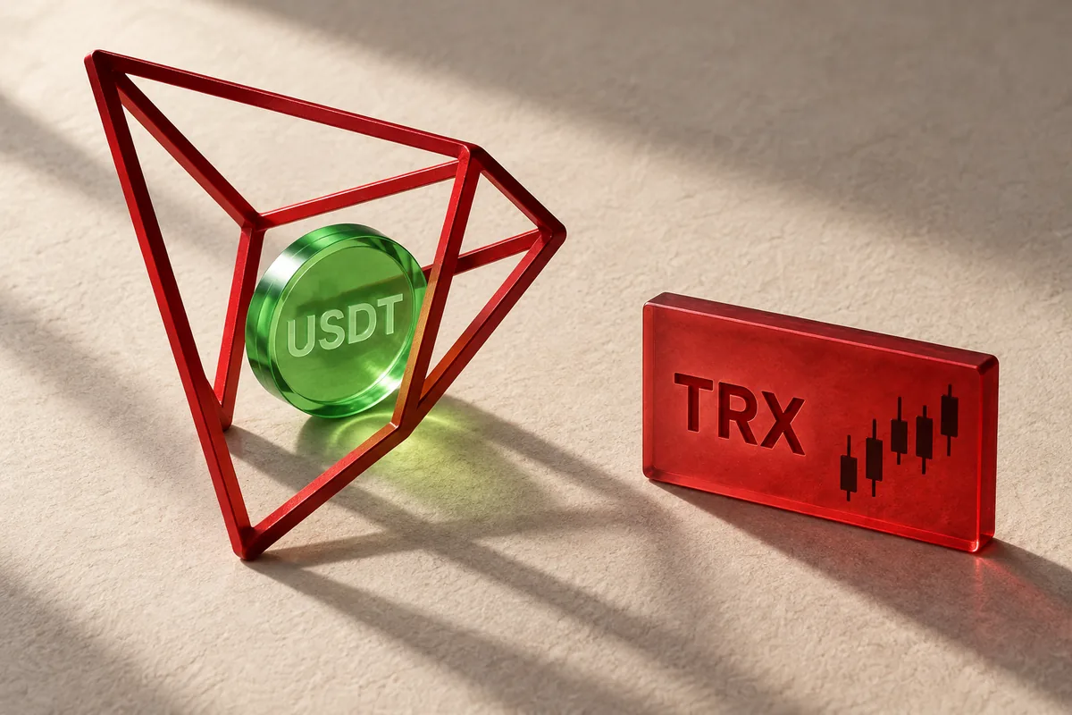 USDT inside a red Tron frame beside a separate TRX futures plaque, distinguishing the deposit network from the traded asset