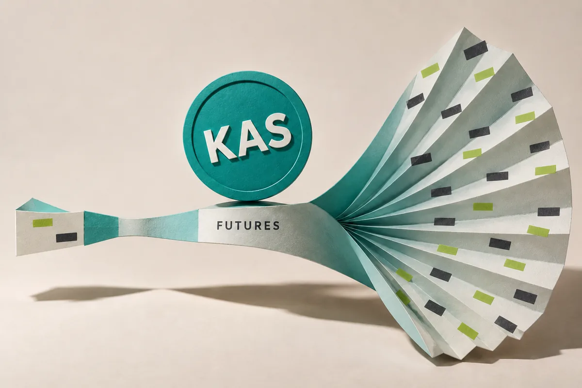 A Kaspa KAS token on a paper futures ribbon that opens into a wide fan of increasingly dispersed price marks