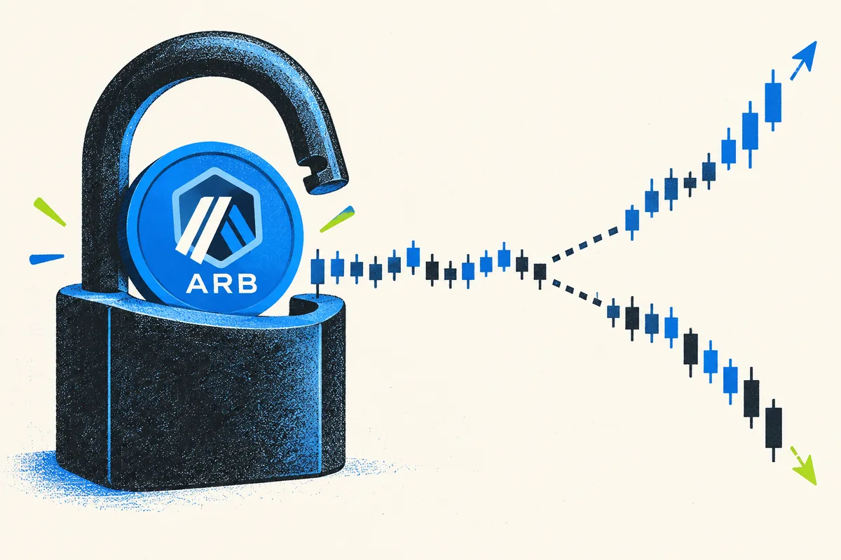 Unlocked ARB token beside a futures candlestick path that branches upward and downward