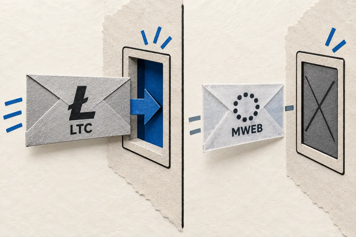 Standard Litecoin transfer route contrasted with an MWEB route that the recipient does not support