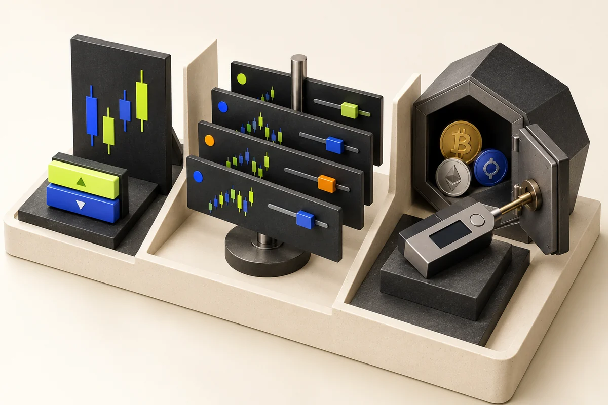 A trading terminal, a multi-position workspace and a wallet vault represent different platform needs.