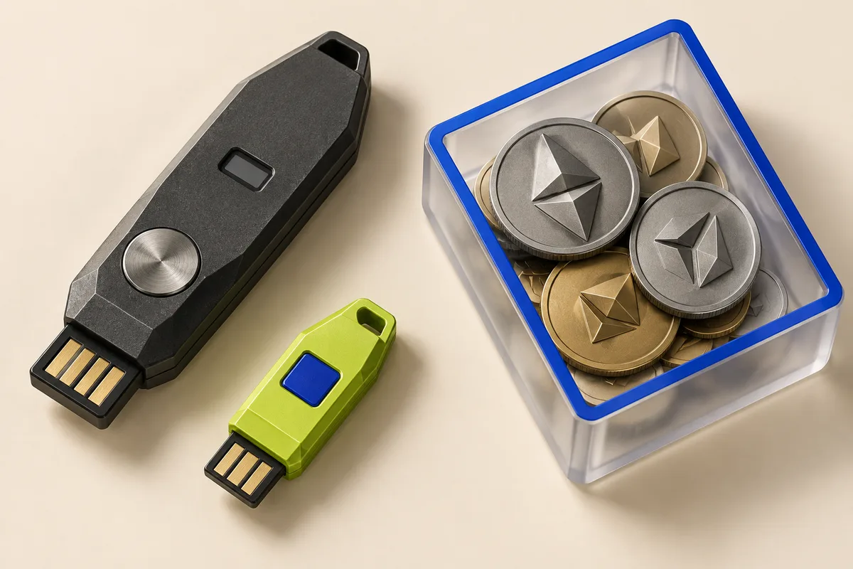 A main hardware signing key, a smaller delegated key and crypto collateral in a separate transparent compartment.