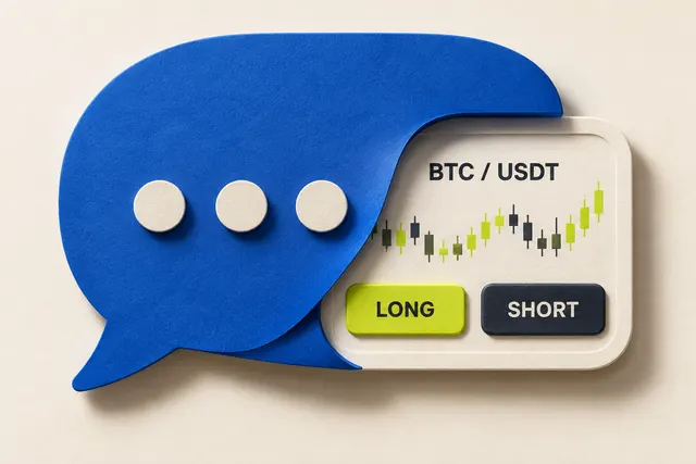 Telegram chat frame surrounding a Bitcoin futures trade with long and short buttons